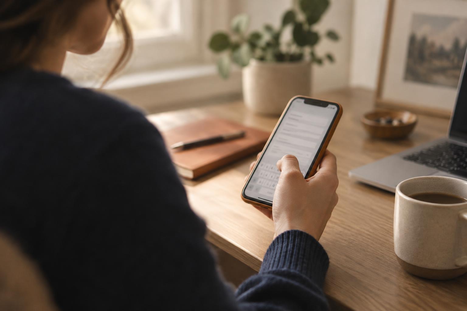 A hand holding an iPhone at a sunlit desk, thumb poised over the screen