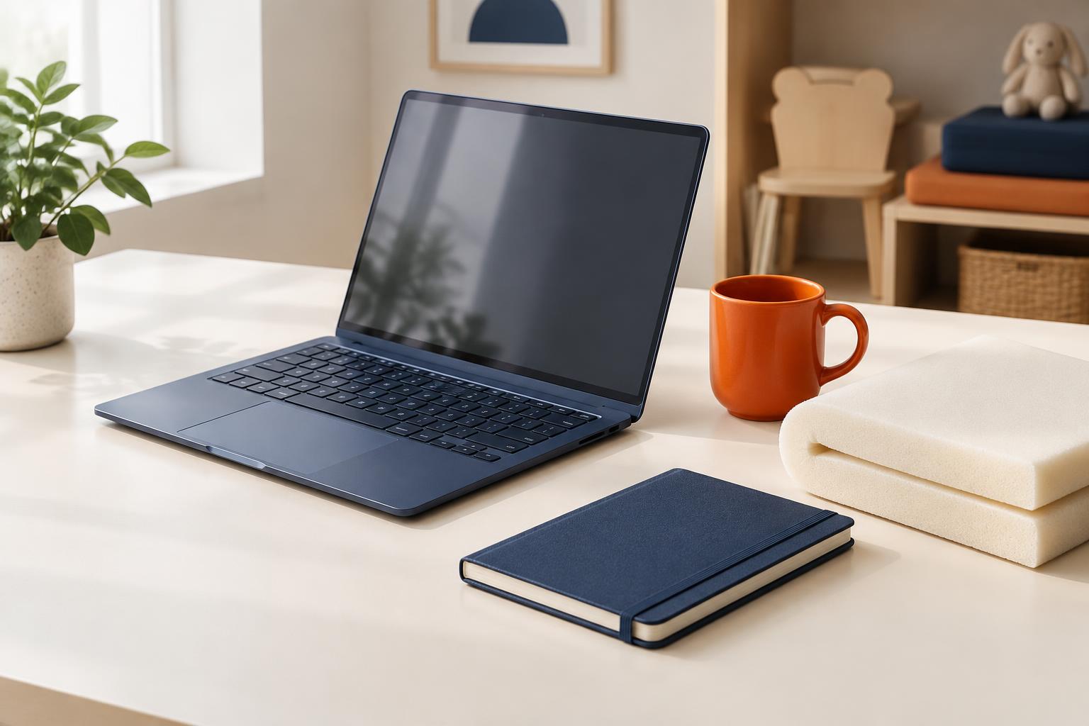 Laptop, orange mug and foam samples on a sunlit desk