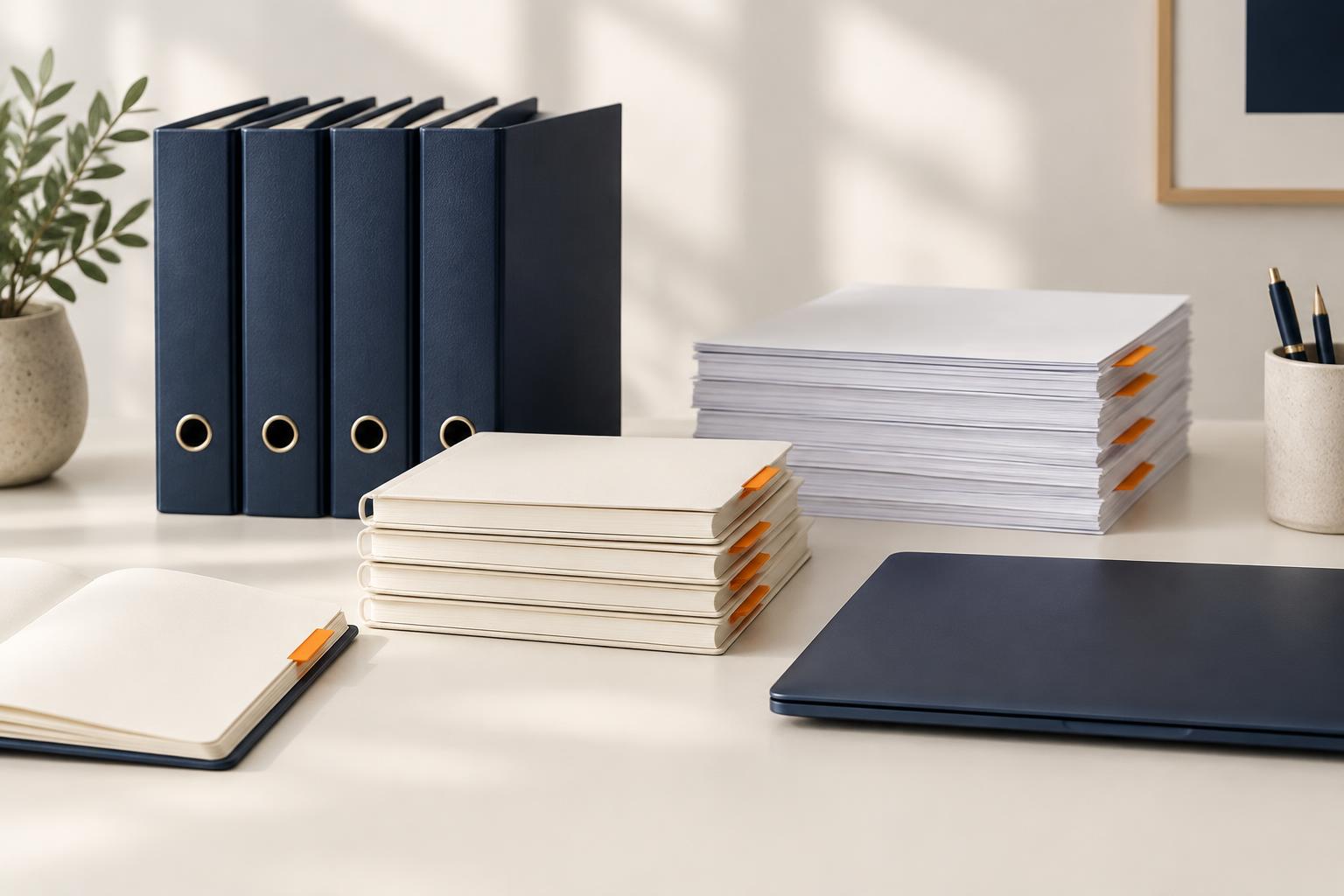 Navy folders and notebooks organised with orange divider tabs